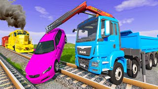 Train vs Bus with Crane Truck Rescue Car - Cars vs Train BeamNG Drive