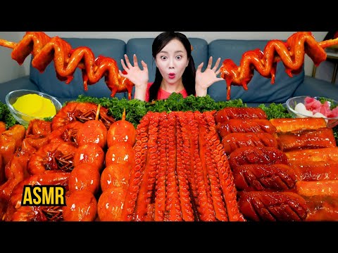 ASMR Mukbang Eating Spicy Octopus Leg Shrimp Mushroom Fish Cake Skewers Korean Seafood Boil