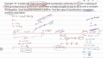 Example 18. A motor car starts from rest and accelerates uniformly for 10 s to a velocity of 20m/...
