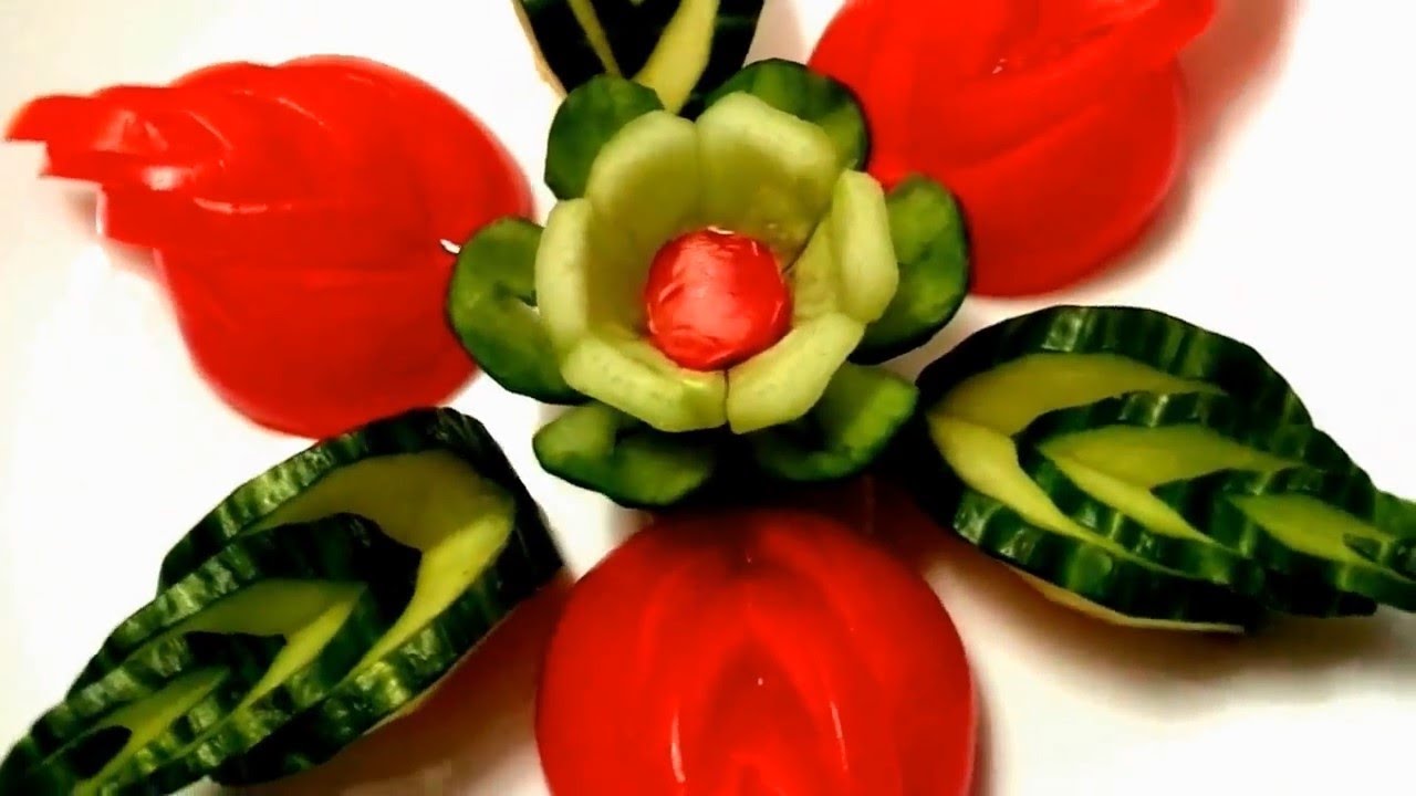 HOW TO MAKE CUCUMBER FLOWER TOMATO GARNISH & CUCUMBER LEAF ART