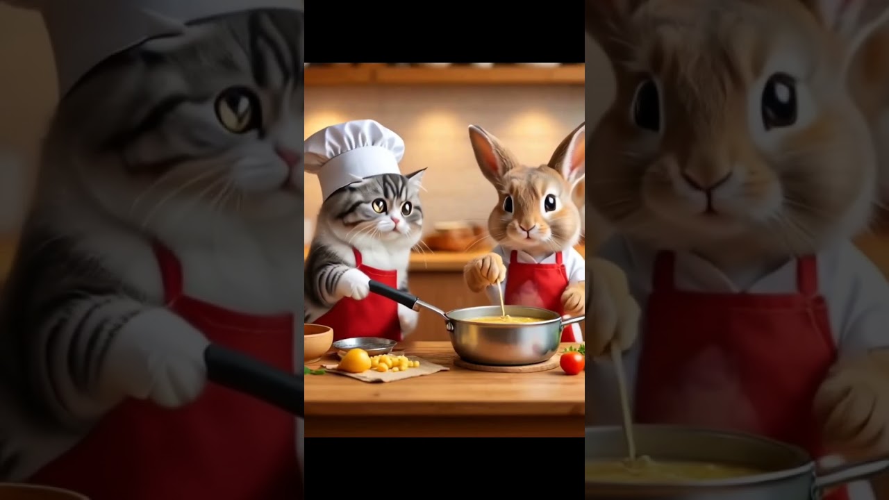 a cat and a rabbit are preparing for lunch