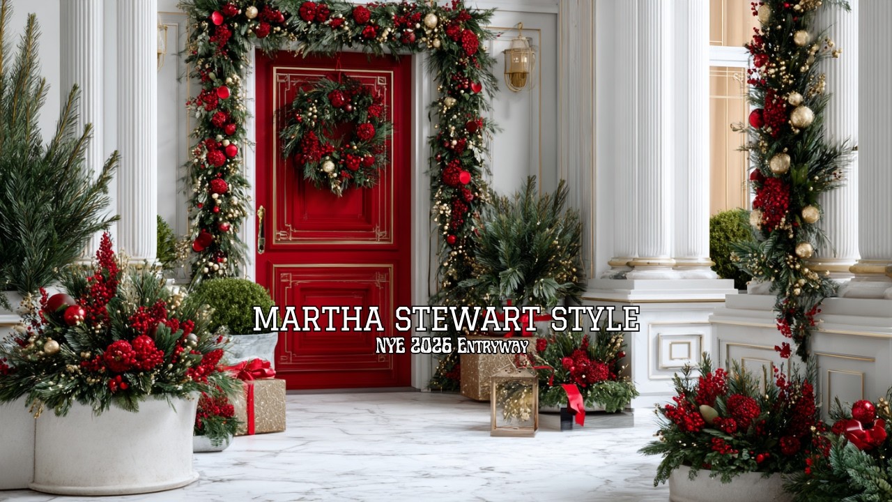 Идеи для оформления дома к Новому году 2026 от Марты Стюарт | Смелый красно-золотой дизайн прихож...