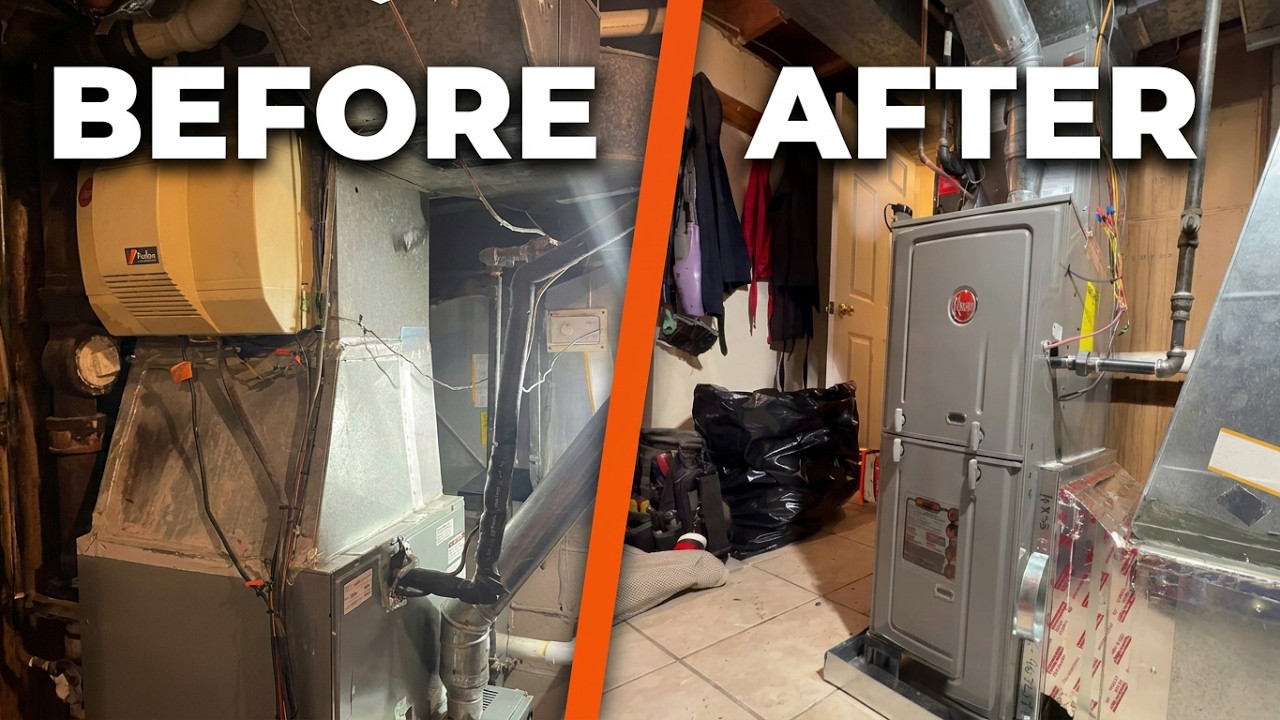 Basement furnace replacement time-lapse: old furnace with a humidifier and drop cloths, tech on a step ladder with torch kit, then before/after of a new Rheem furnace (Rheem logo legible) with new ple