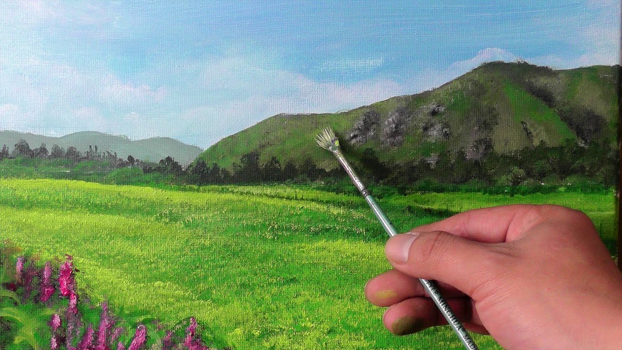 画春天的油菜花远山，绘制樱花。#013