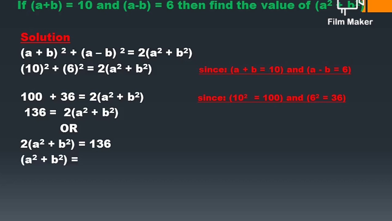 If a + b = 10 and a - b = 6 then find the value of ( a2 + b2 ). - YouTube