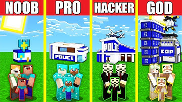 Minecraft Battle: POLICE STATION HOUSE BUILD CHALLENGE - NOOB vs PRO vs HACKER vs GOD / Animation