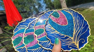 Peacock Feather Resin  Coasters Using @usherl250 Usher glitters Video# 242