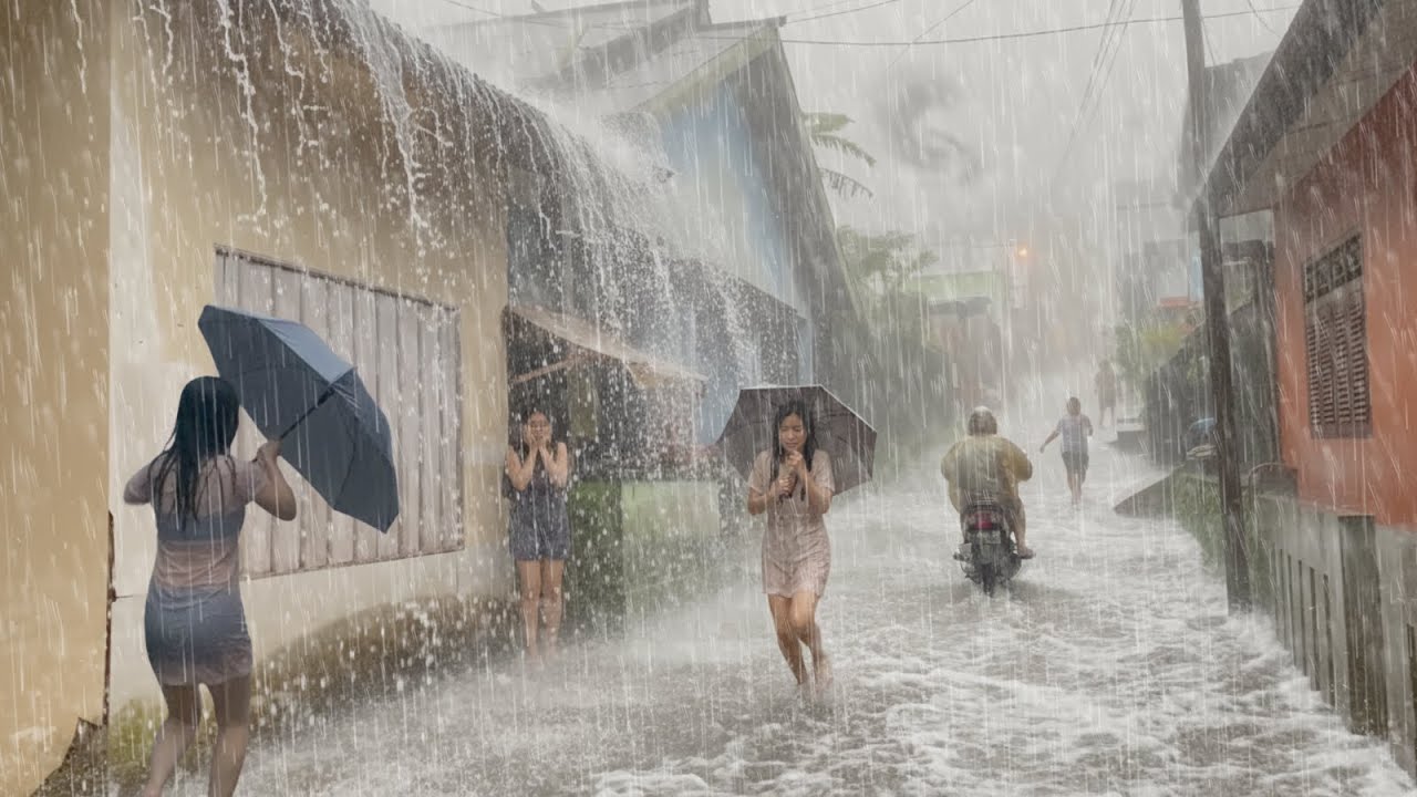 Экстремальная погода в Индонезии ⚡🌧️ Сильный дождь и сильный ветер | Прогулка по холодному городу