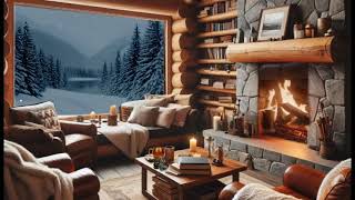 Cabin, Fireplace and Snow with Relaxing Jazz Background Music