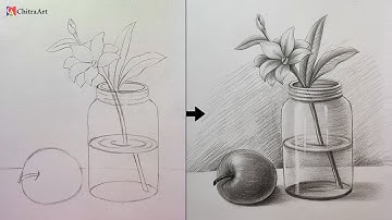 Glass Flower Vase with Apple Still Life Drawing To Shading Step By Step
