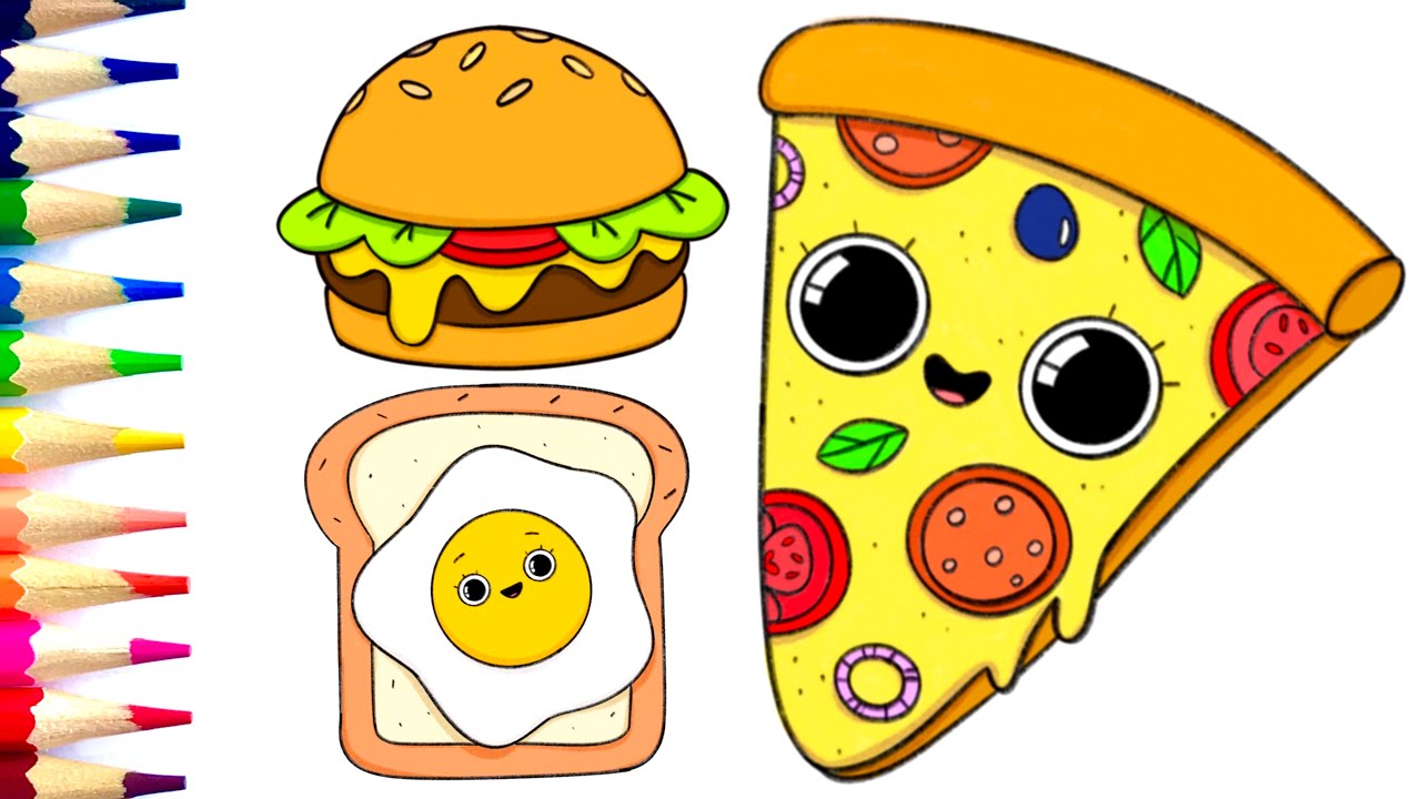 How to draw so cute food pizza, burger and egg with bread? Easy