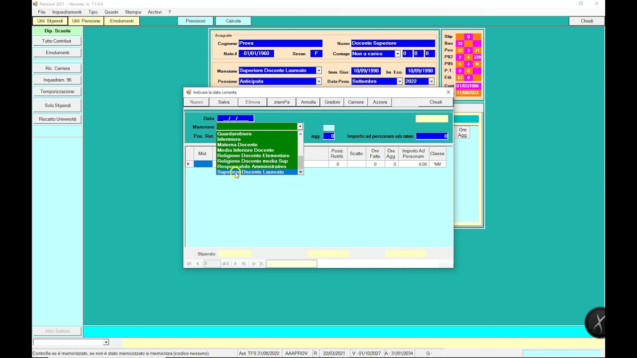 Programma Calcolo Pensione   Inserimento dati