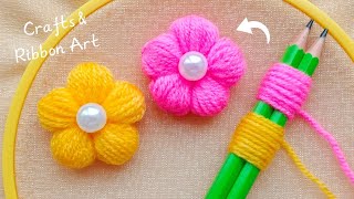 It&#39;s so Beautiful 💖🌟 Super Easy Woolen Flower Making Ideas with Pencil - DIY Hand Embroidery Flower