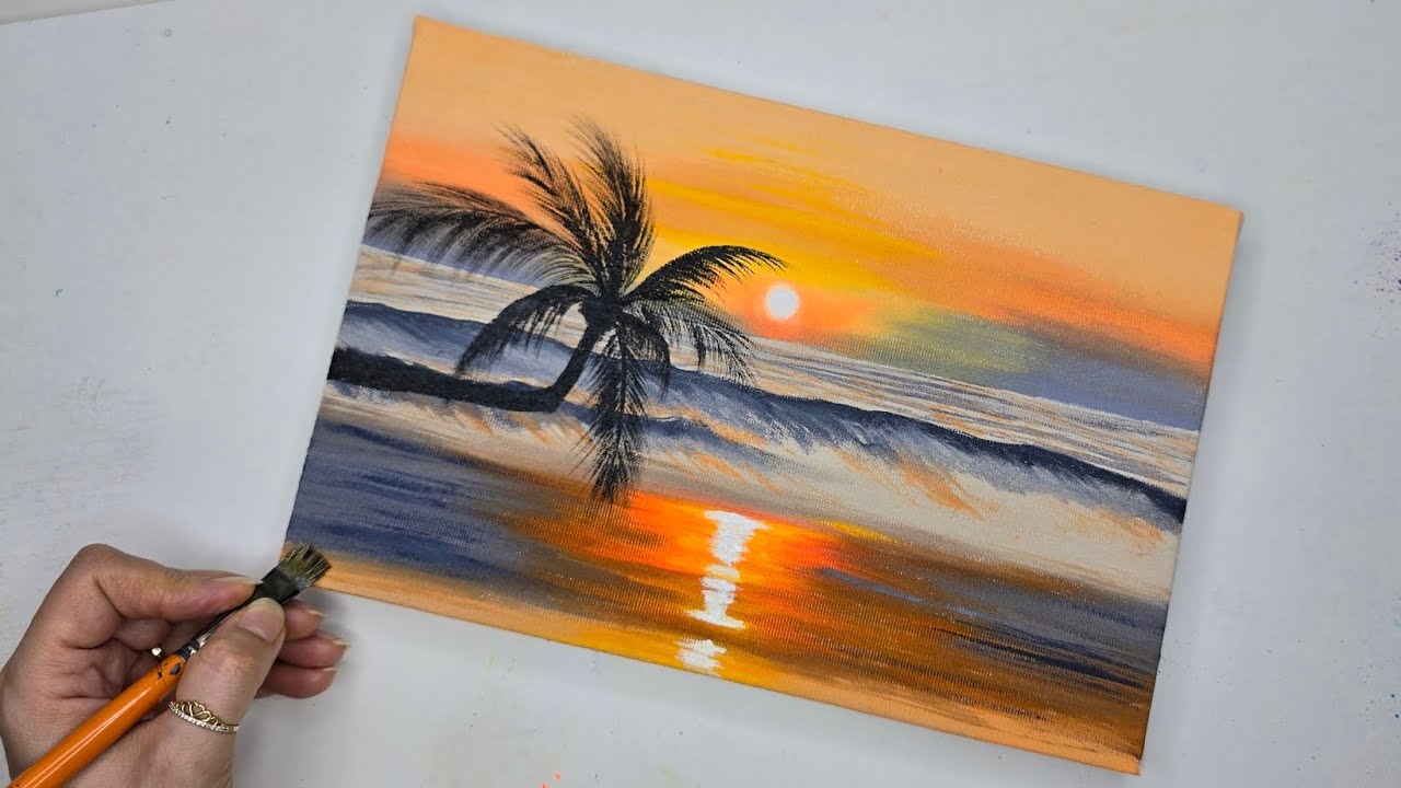 Easy way to paint orange sunset at the beach/easy acrylic painting 