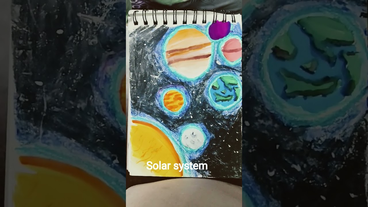 solar system drawing with crayons and brush pen