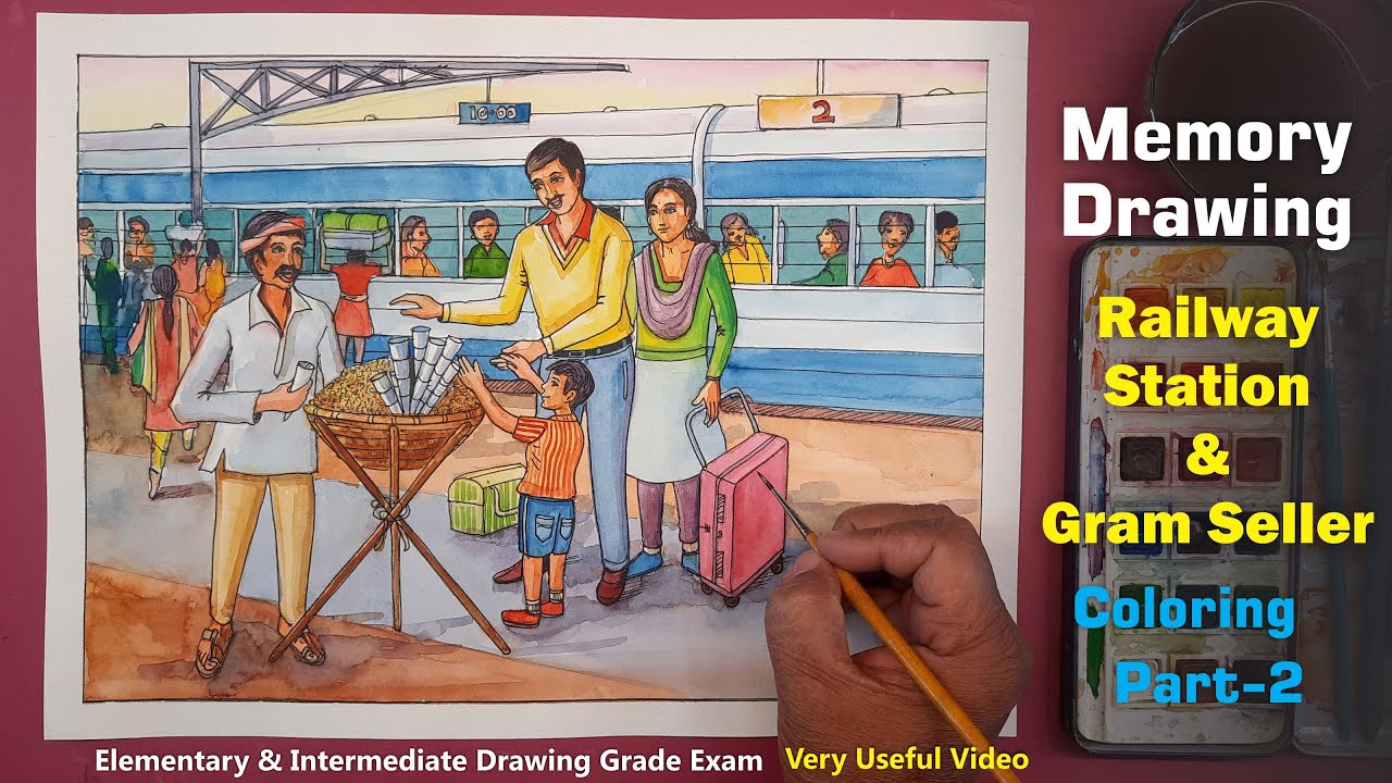 How to Color Railway station scenery, Memory Drawing Gram Seller ...