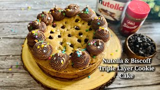 Nutella & Biscoff Triple Layer Cookie Cake Recipe [SUB] shorts