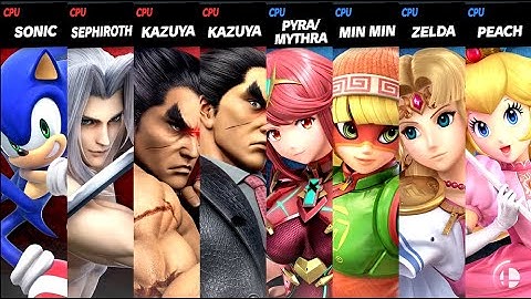 Sonic and Sephiroth and Kazuya and Kazuya VS Pyra Mythra and Min Min and Zelda and Peach Ultimate
