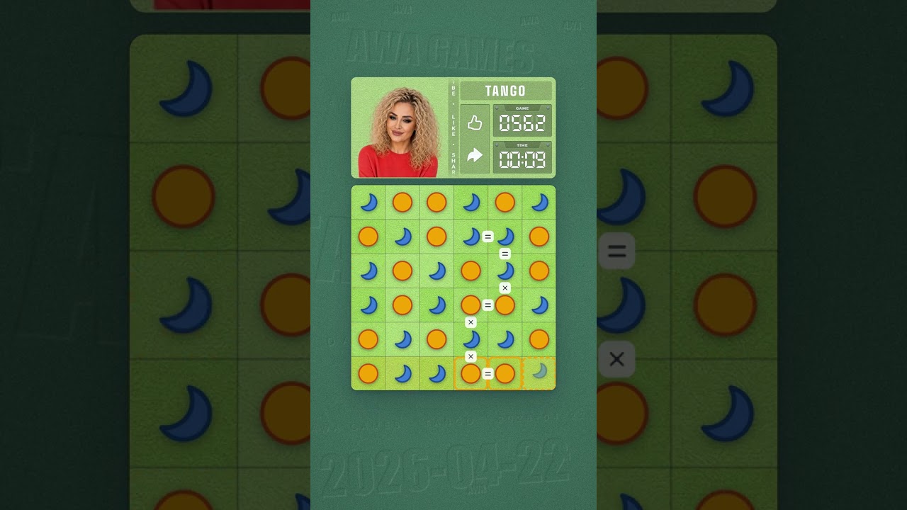 LinkedIn Tango #562 solved board for April 22, 2026, 6x6 grid