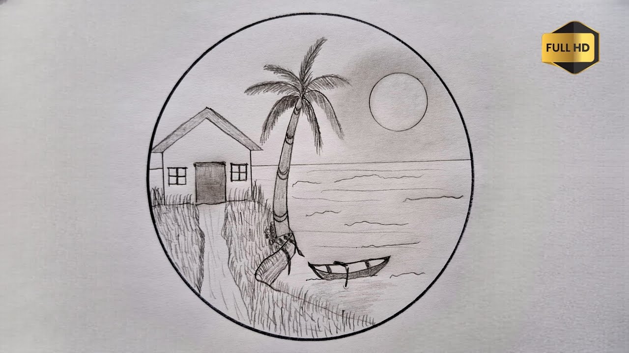 Как нарисовать красивый морской пейзаж карандашом | Рисование дома у моря в круге