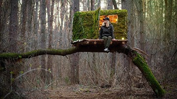 Building a Cozy Hut for Survival on a Fallen Tree, Survival Log Shelter, Bushcraft