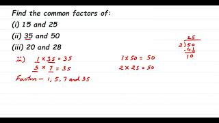 Find the common factors of: (i)15 and 25 (ii)35 and 50 (iii) 20 and 28