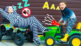 Kid ride on toys. Artem and Funny Stories about Thief. Video for kids