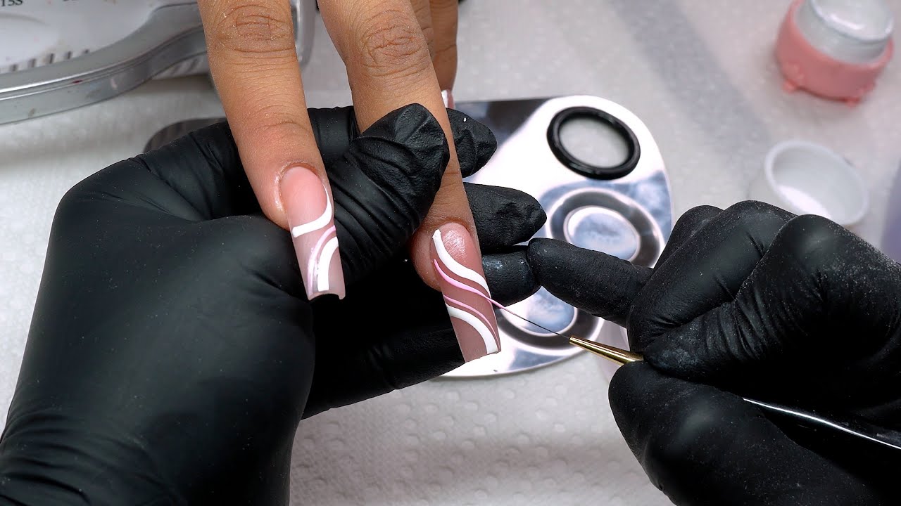 Love These White and Pink Swirls | 2024 Sping Nail Art | ORIGÉN Nail Art Brushes | UNAS ACRILICAS