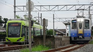 えちぜん鉄道MC6101形6110F普通三国港行き　三国芦原線鷲塚針原駅到着･発車(福井鉄道F1000形F1003F(FUKURAMフクラム･グリーン)急行越前武生行き停車中)