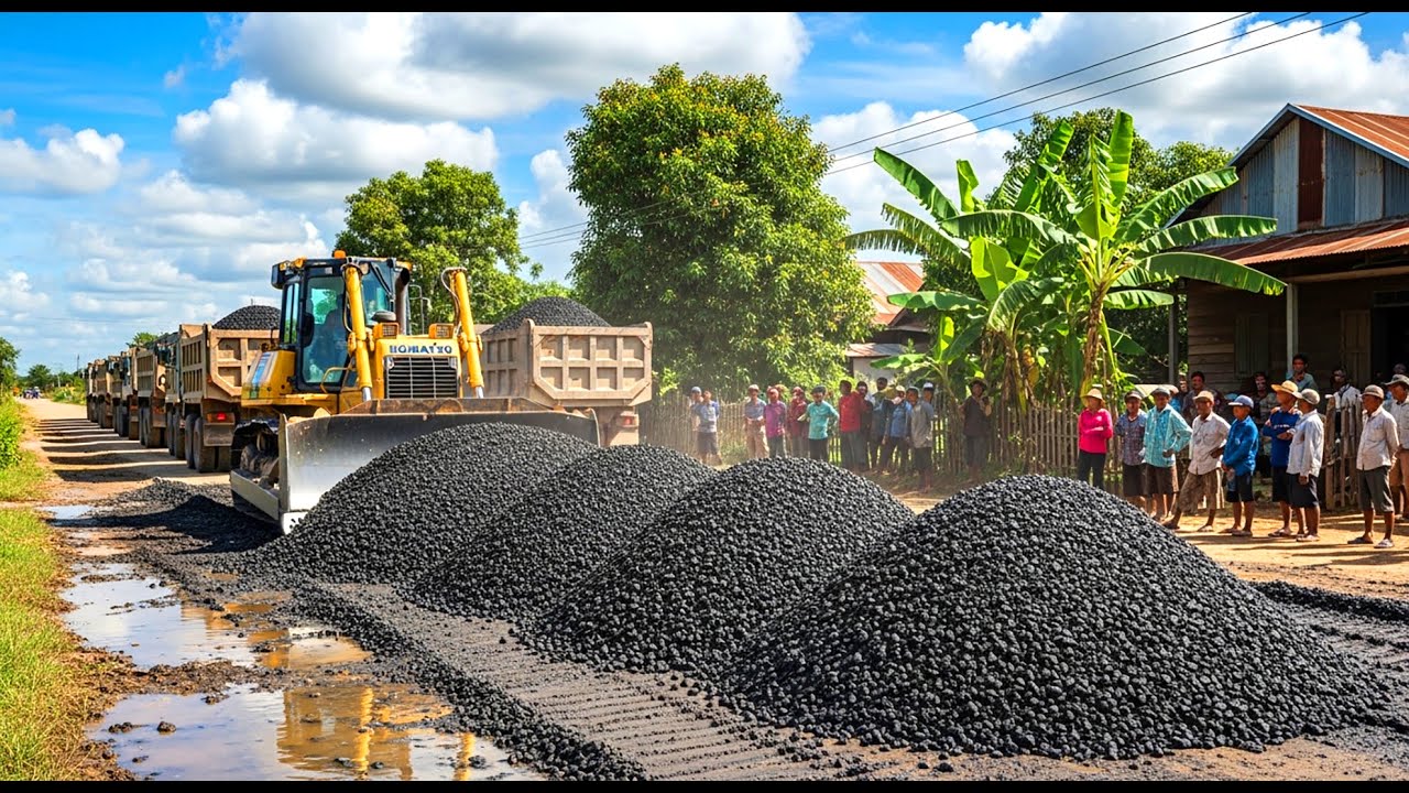 Professional Gravel Road Base Preparation Using Bulldozer While Dump Trucks Supply Massive Gravel