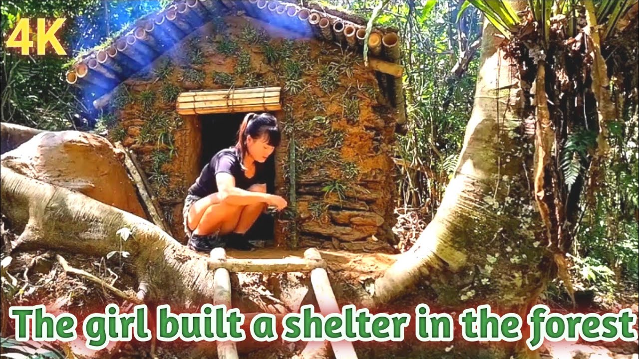 The girl built a shelter in the forest - YouTube