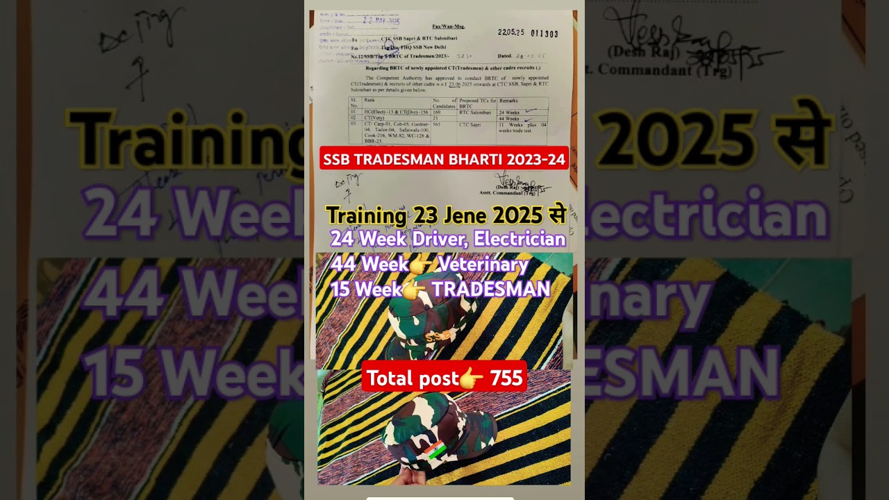 SSB TRADESMAN BHARTI 2023-24 TRAINING START 23 JUNE 2025 