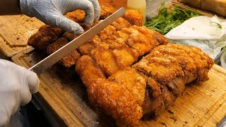 crispy roast pork belly, crispy pork skins - taiwanese street food