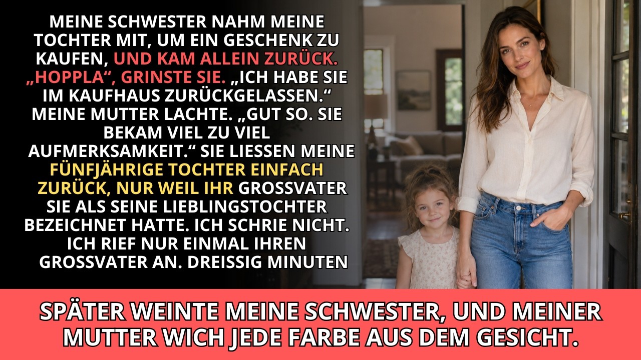Ich stand an einem ganz normalen Samstag im Büro, als eine fremde Nummer aus München bei mir anrief. „Sind Sie die Mutter von Lena Berger?“ Meine Schwester hatte meine siebenjährige Tochter allein...