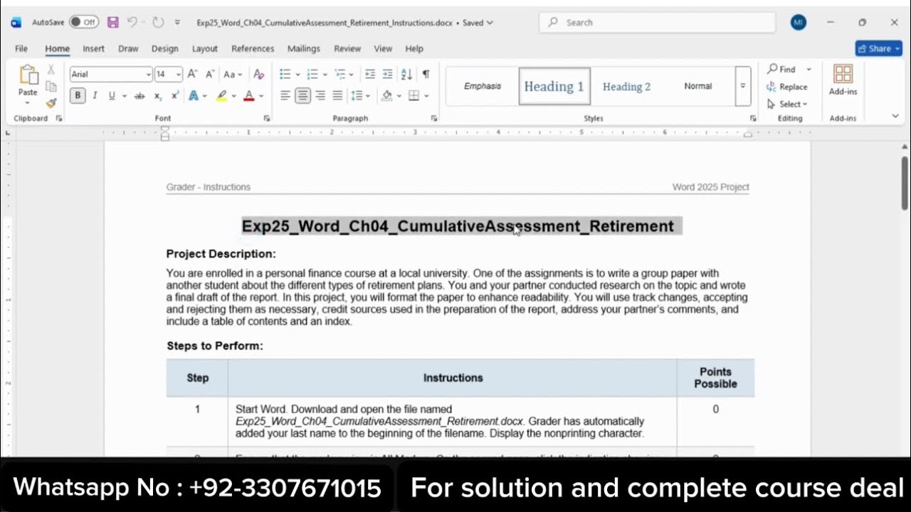 Exp25 Word Chapter 4 Cumulative – Retirement | Pearson MyLab Word Grader (100%)
