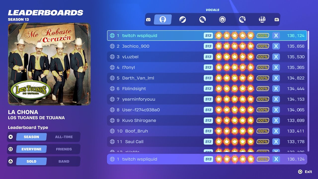 Fortnite Festival S13 ( TOP 1 ) LOS TUCANES DE TIJUANA - LA CHONA Expert Vocals 100% FC 