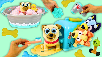 Puppy Dog Pals Rolly Gets A Tummy Ache & Visits Pet Carrier Toy Hospital for Doctor Checkup & Bath!