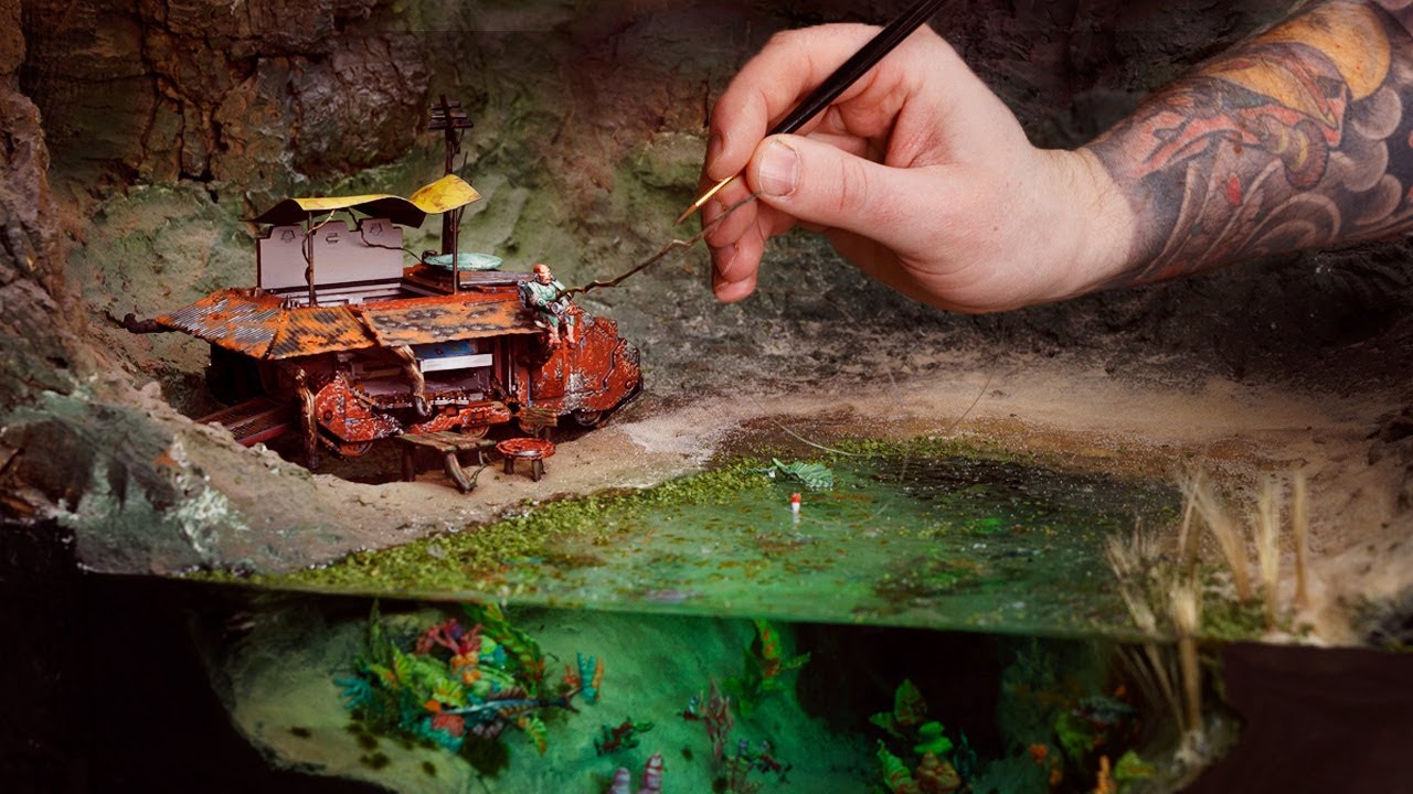 Miniature world: ramshackle camp from space marine rhino - T'au Manta Diorama