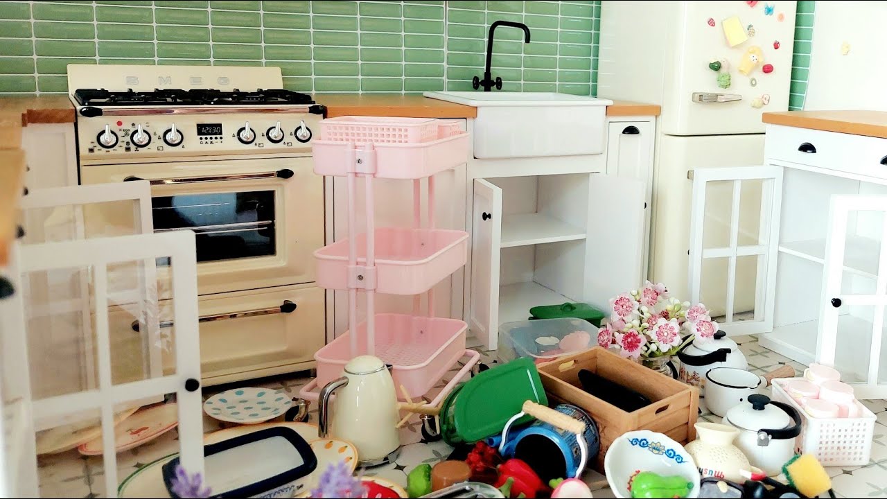 Mini cooking kitchen set toys 💙 1:6 Miniature kitchen cooking toys 🩷 Real mini kitchen