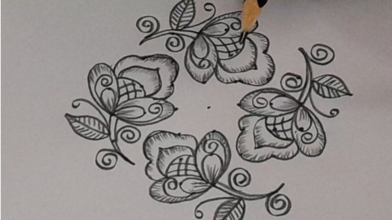 Beautiful pencil art rangoli with 7*3*3dots. Easy flower design rangoli liniviya creative