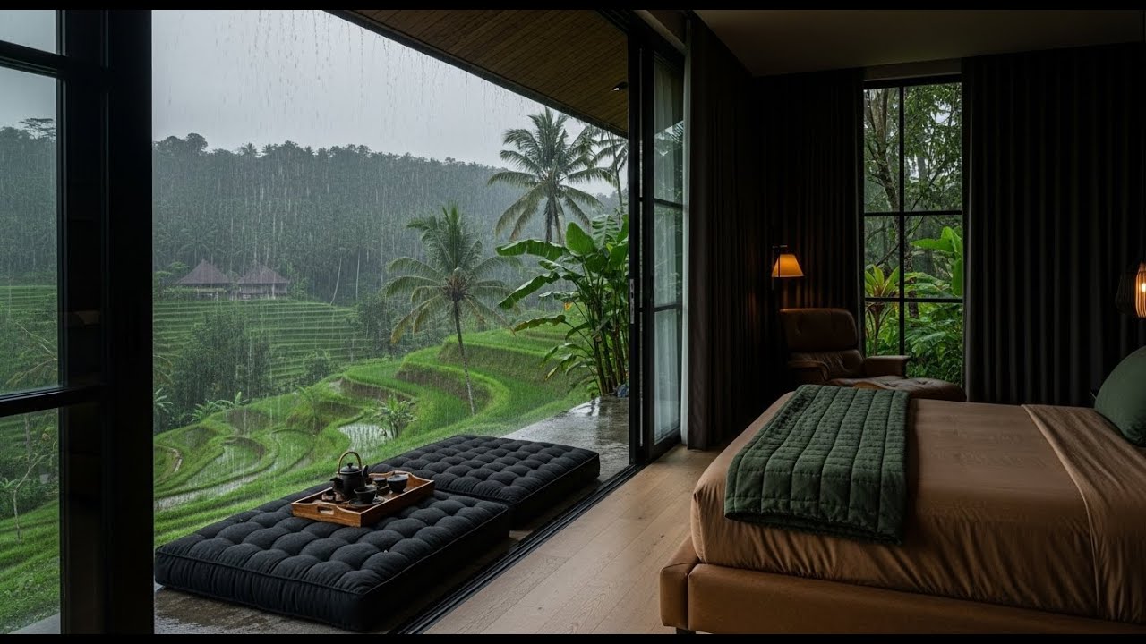 12 Hours Bali Monsoon Rain - Rice Terrace Bedroom Ambience