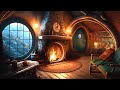 Cozy hobbit living room during winter  soothing fireplace  relaxing blizzard icy snowstorm sounds