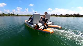 New Product Prototype   Turn Two Inflatable SUPs Into Motorized Catamaran Boat  From BoatsToGo com