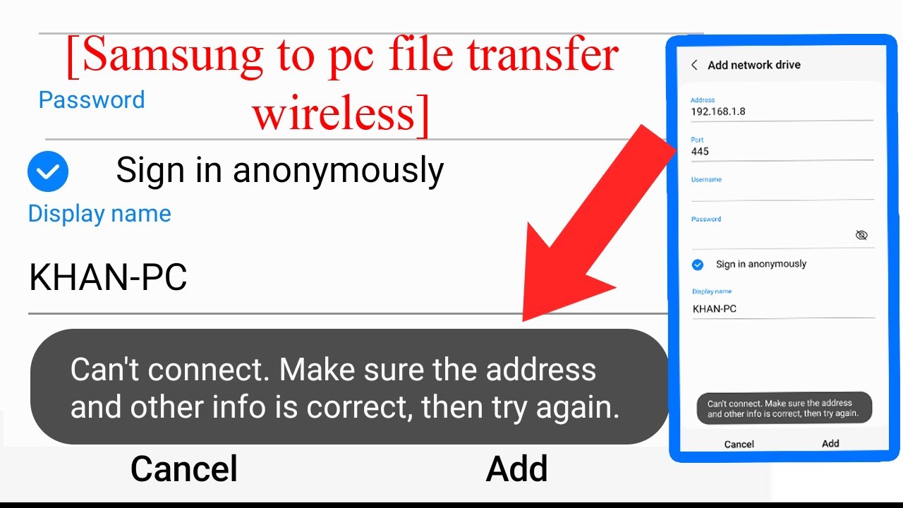 Can't Connect. make sure the address and other info is correct, then
