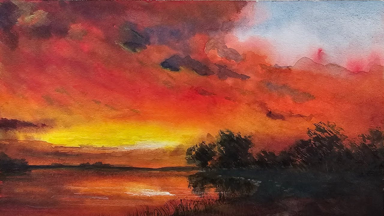 Blazing Red Sunset in Watercolor Demo (Narrated timelapse) - YouTube