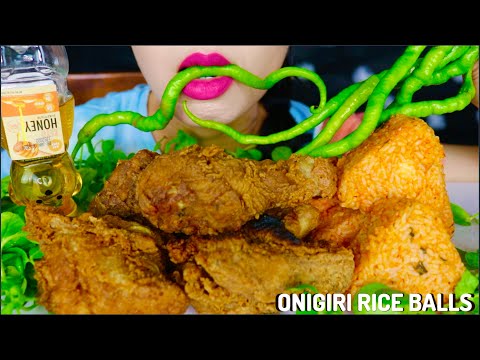 ASMR CRISPY FRIED CHICKEN, GREEN CHILLIES, KIMCHI TRIANGLE CHEESE RICE BALLS, ONIGIRI 咀嚼音 | 먹방