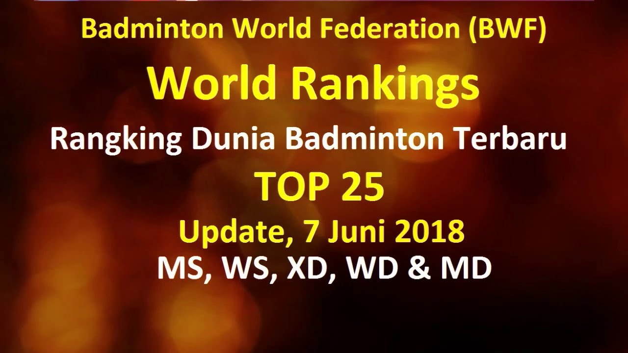 Ranking Badminton BWF Terbaru TOP 25, Update 7 Juni 2018 Untuk Semua Sektor