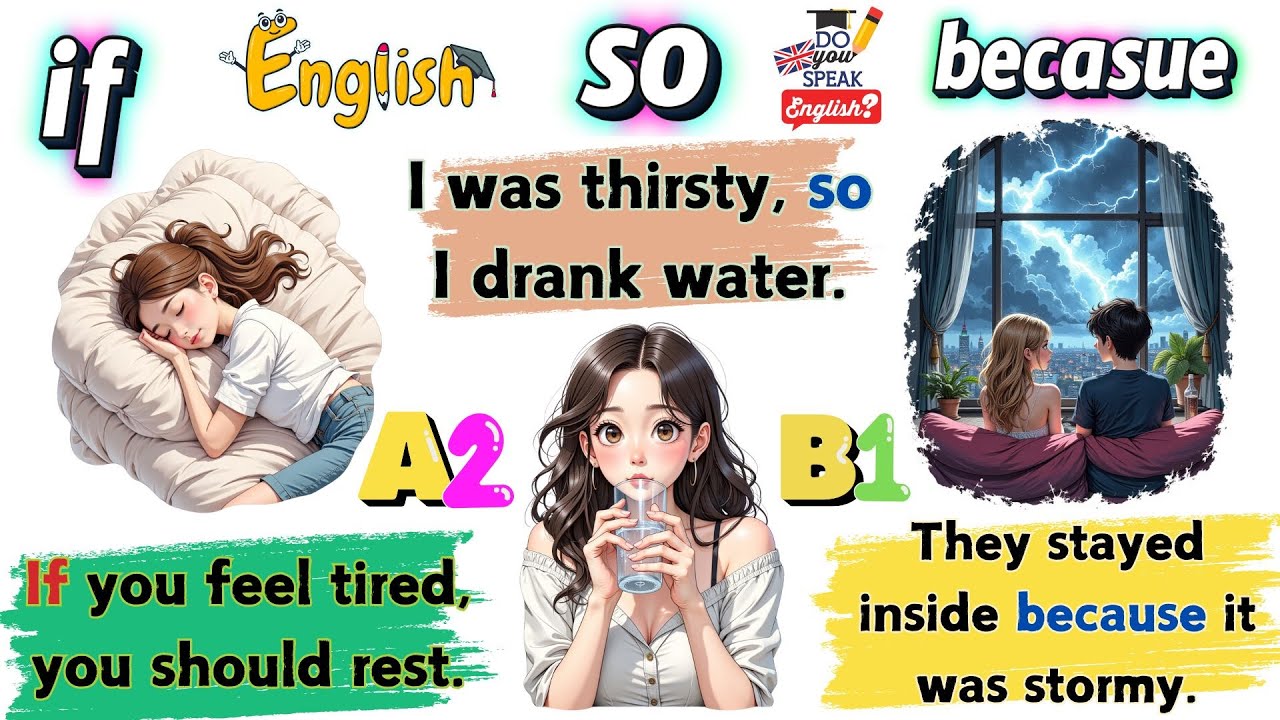 📚 Learn English Conjunctions: Because, If & So | Easy A2 Sentences 🎧 ...