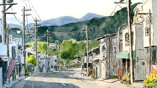 【真作】絵画　水彩　廃線の駅舎　郊外の街並み　電柱と道路　額装　B55 mqdefault.jpg