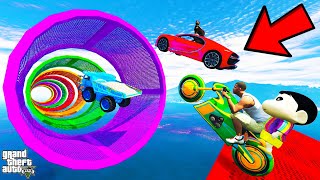 FRANKLIN TRIED IMPOSSIBLE TUBE TUNNEL MEGA RAMP PARKOUR CHALLENGE GTA 5 | SHINCHAN and CHOP